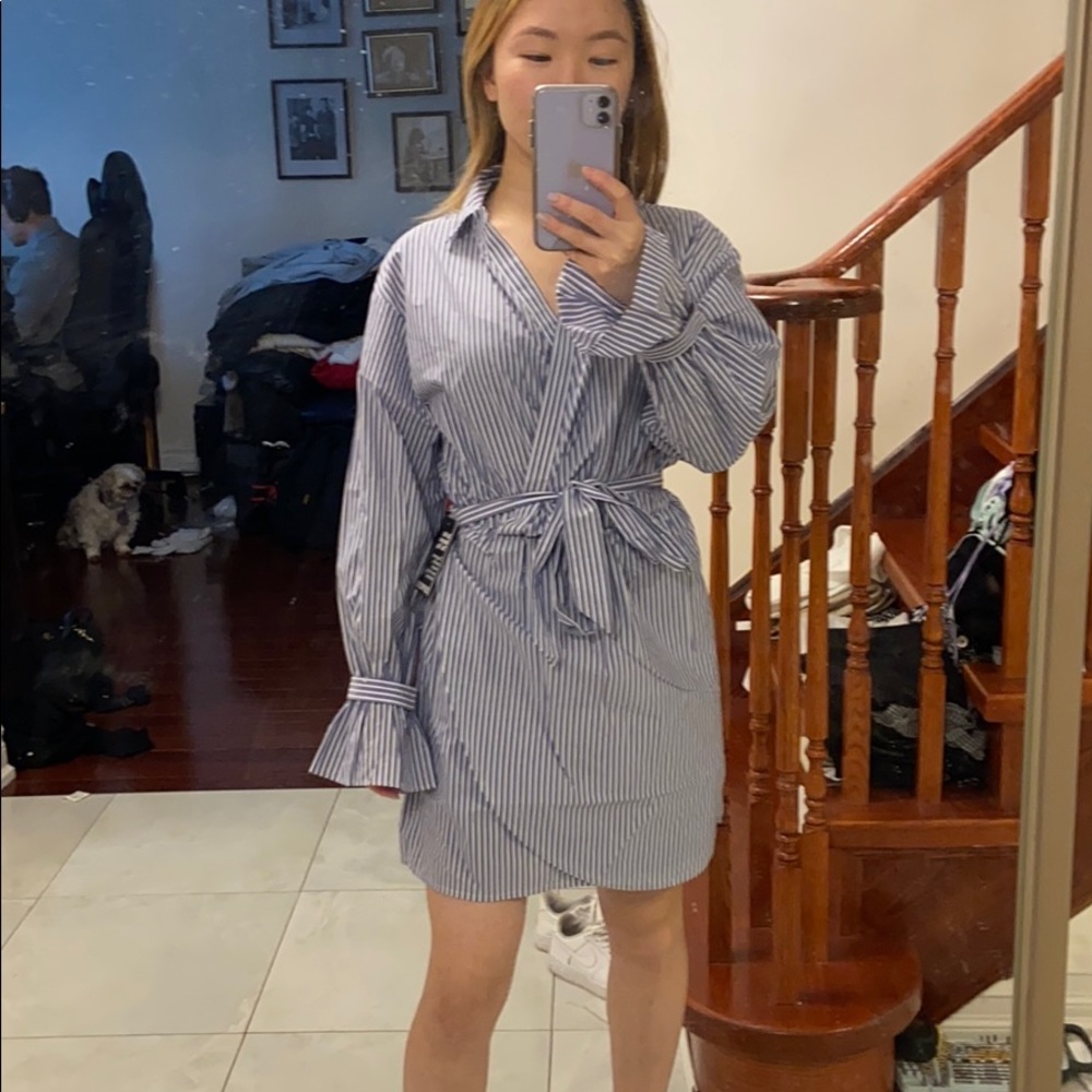 XS/S Express Striped Shirt Dress with Waist Tie